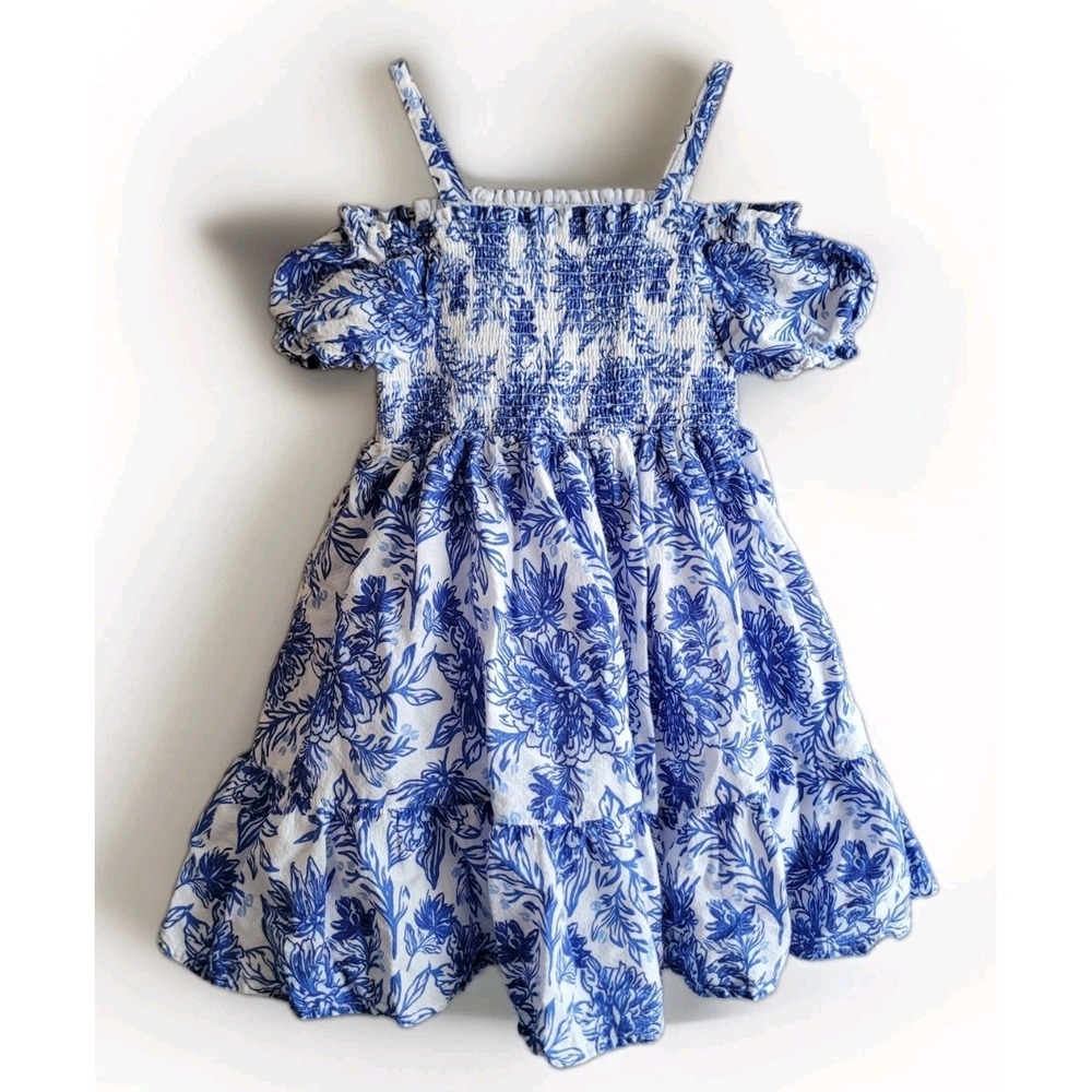 JOIE Girls Sz 8 Blue Floral Smocked Puff Sleeve Dress/Sundress Knee Length